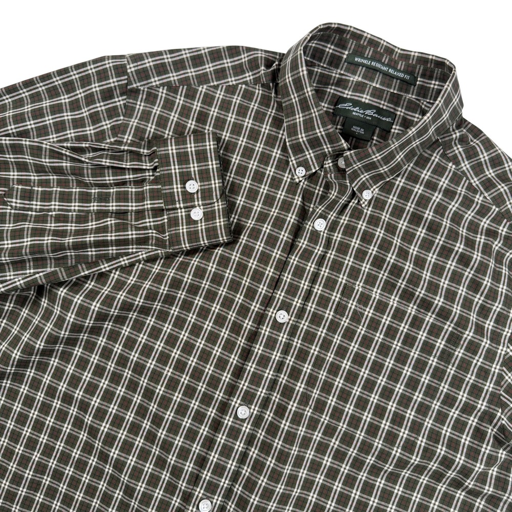 Eddie Bauer Shirt Mens L Green Plaid Wrinkle Resistant Relaxed Fit Button Down